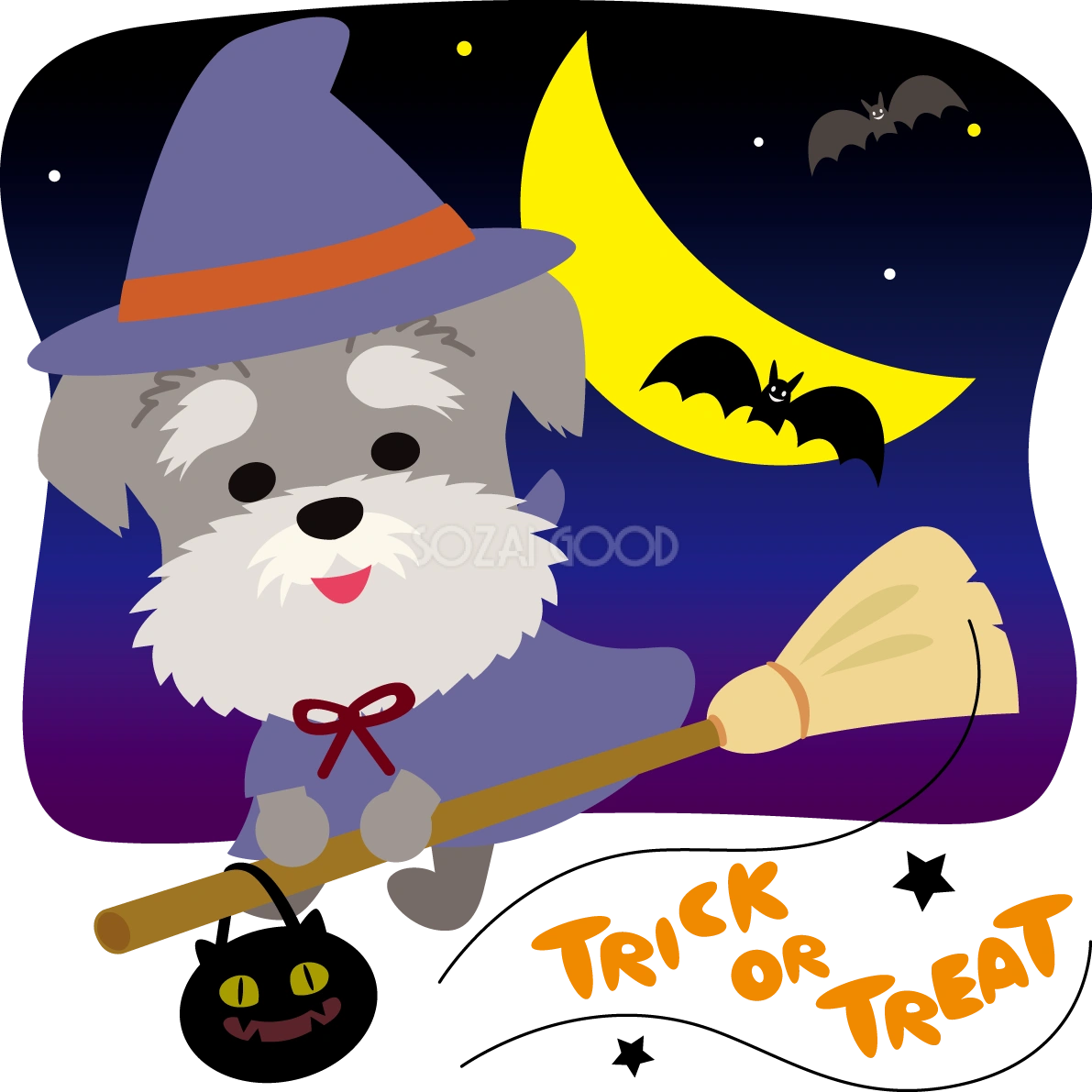 ハロウィン(空飛ぶ魔女)ミニチュア・シュナウザー(犬)のかわいい動物無料イラスト80116