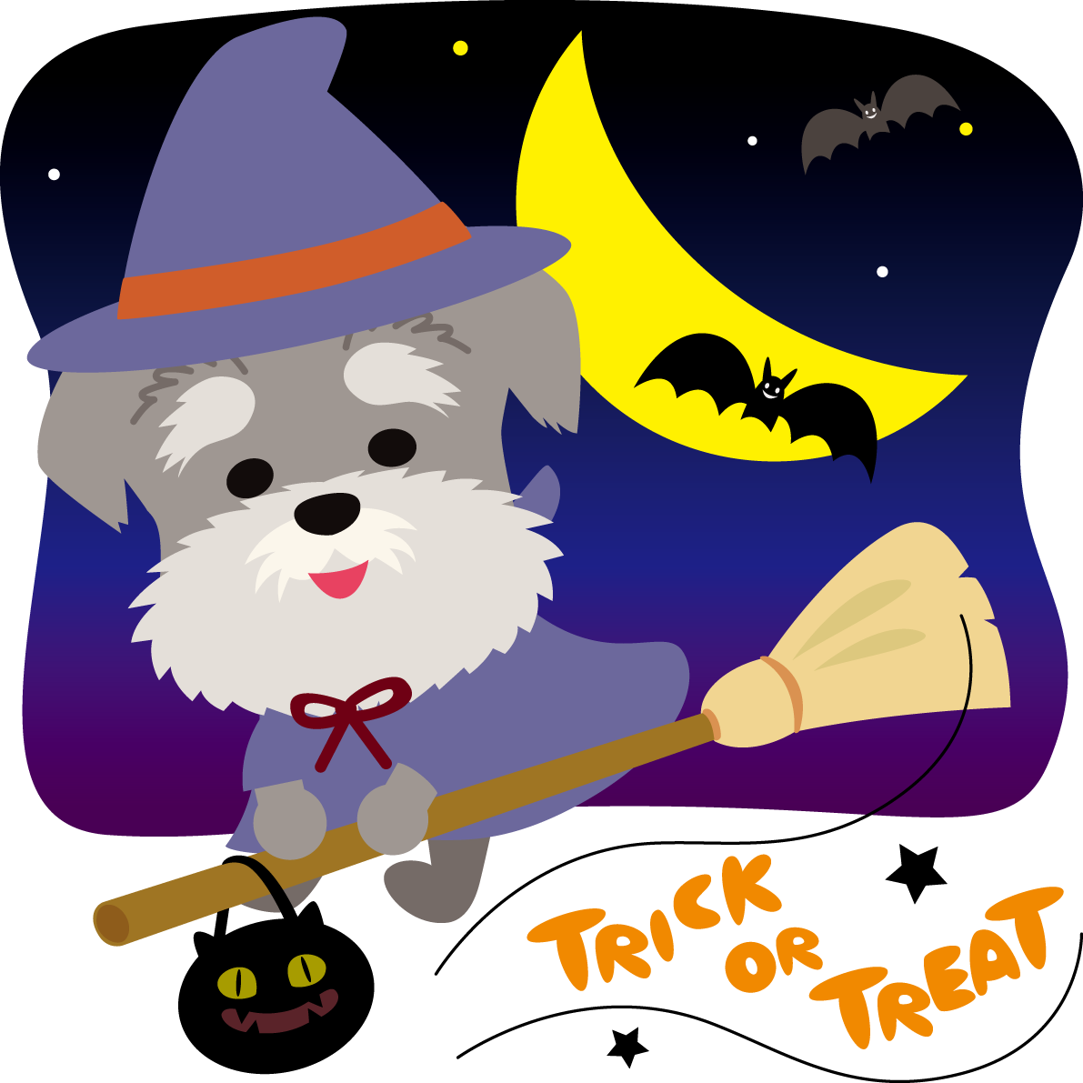 ハロウィン(空飛ぶ魔女)ミニチュア・シュナウザー(犬)のかわいい動物無料イラスト80116に写真・文字を入れる