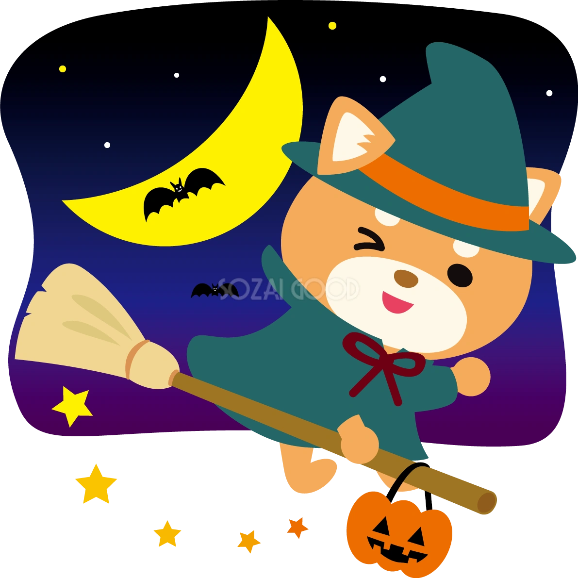 ハロウィン(空飛ぶ魔女)柴犬かわいい動物無料イラスト80117
