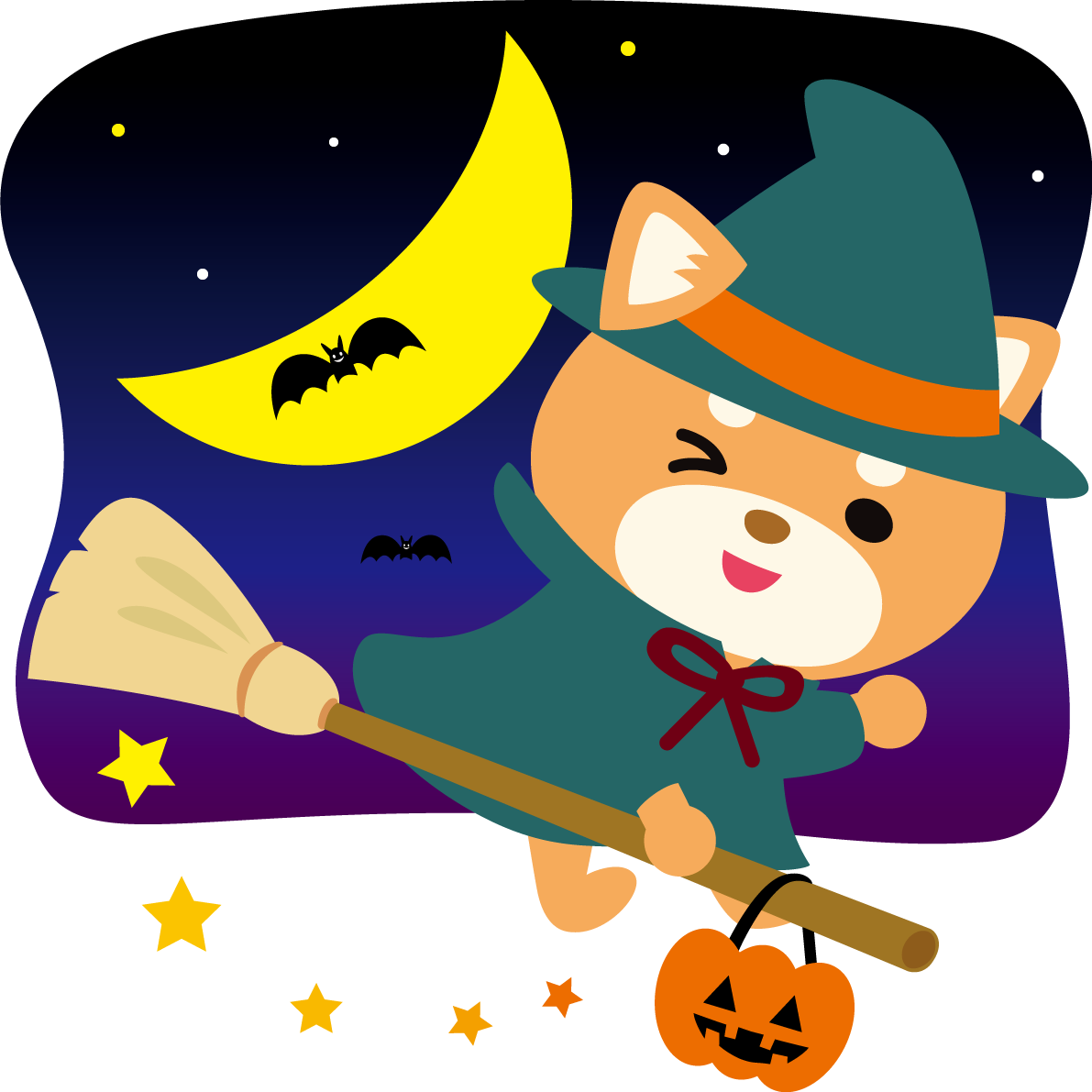 ハロウィン(空飛ぶ魔女)柴犬かわいい動物無料イラスト80117に写真・文字を入れる