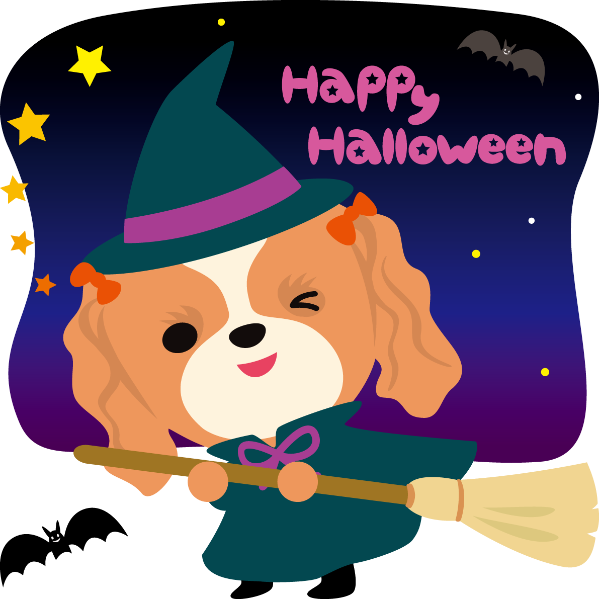 ハロウィン(魔女Happy-Halloween)キャバリア(犬)のかわいい動物無料イラスト80118に写真・文字を入れる