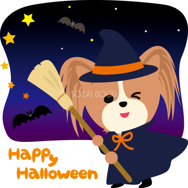 ハロウィン 魔女happy Halloween パピヨン 犬 のかわいい動物無料イラスト 素材good