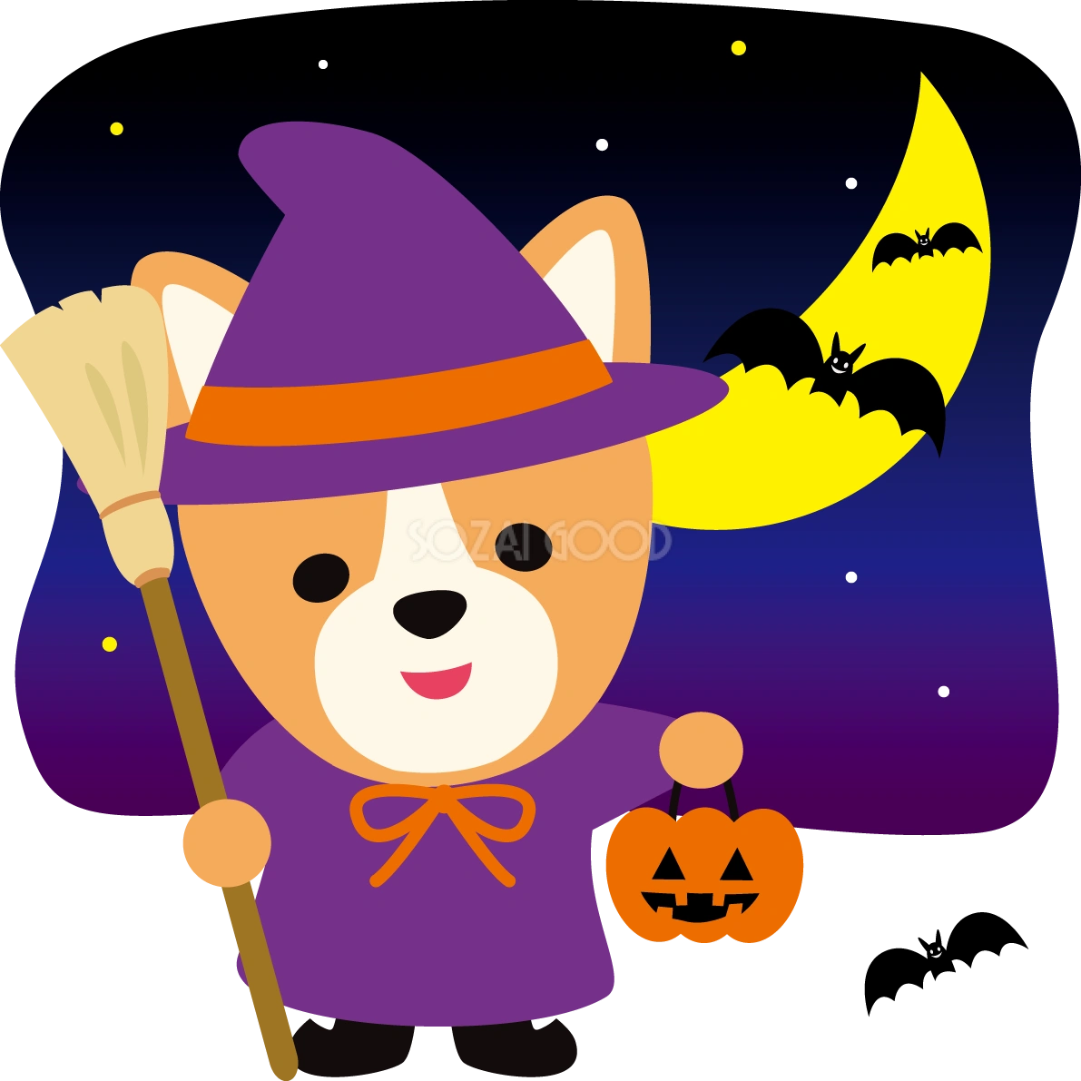 ハロウィン(魔女とランタン)コーギー(犬)のかわいい動物無料イラスト80120