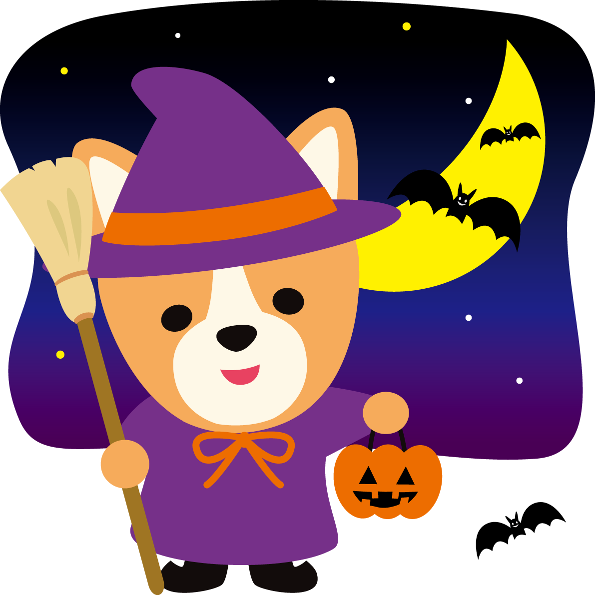 ハロウィン(魔女とランタン)コーギー(犬)のかわいい動物無料イラスト80120に写真・文字を入れる