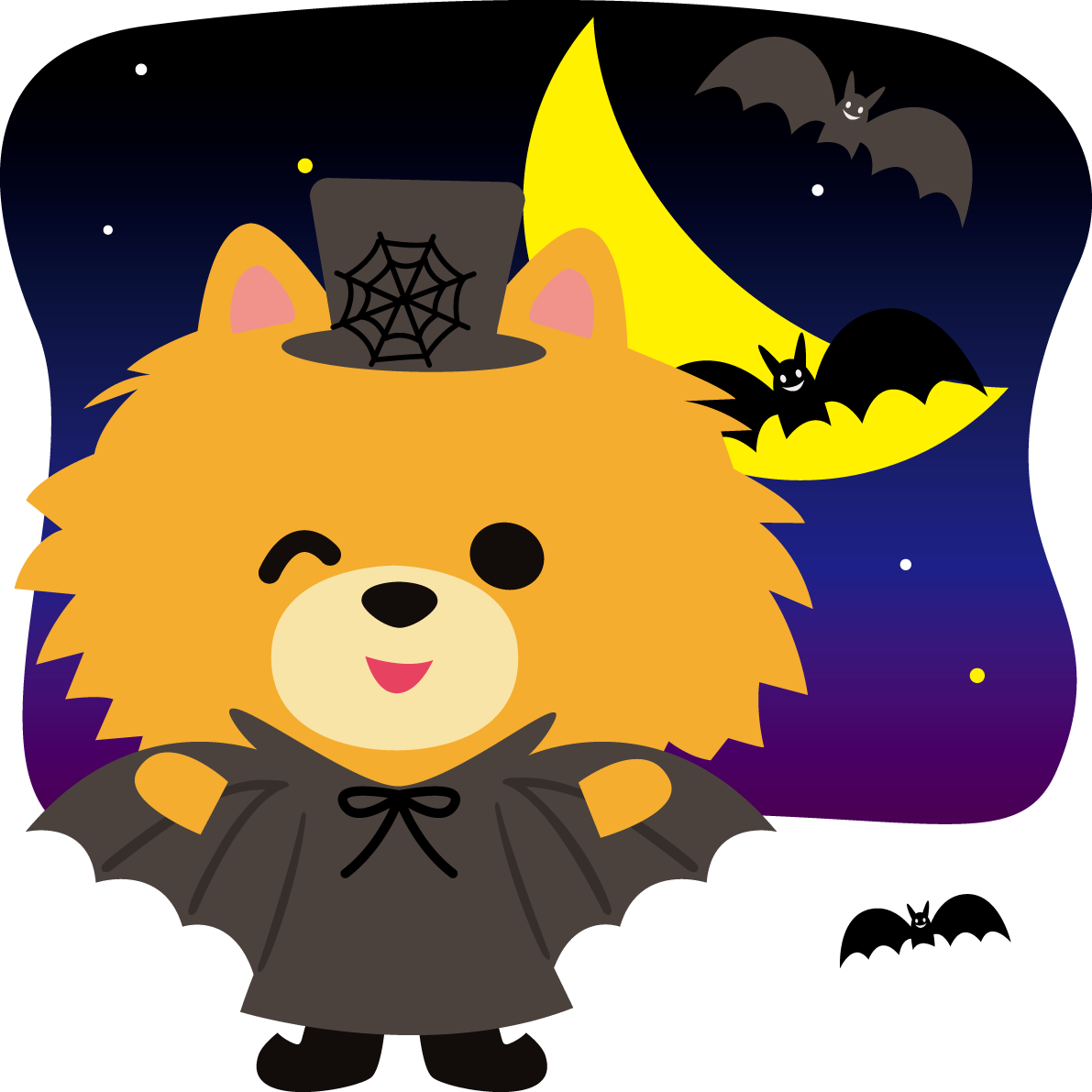 ハロウィン(夜のコウモリたち)ポメラニアン(犬)のかわいい動物無料イラスト80121に写真・文字を入れる