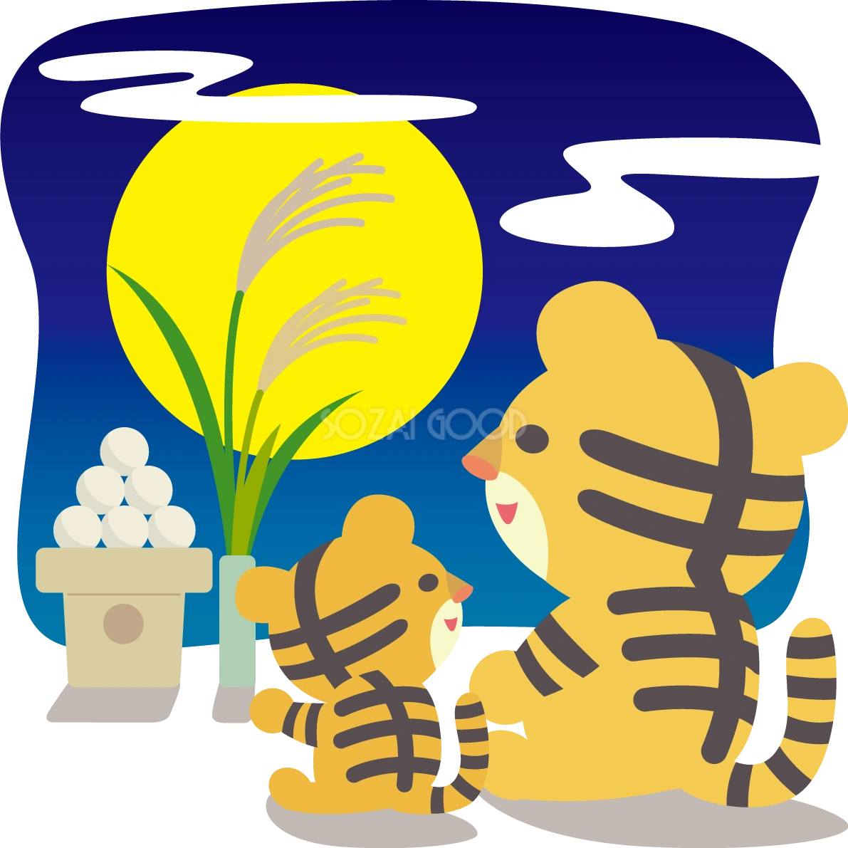 月見 トラのかわいい後ろ姿&団子の動物無料イラスト80127