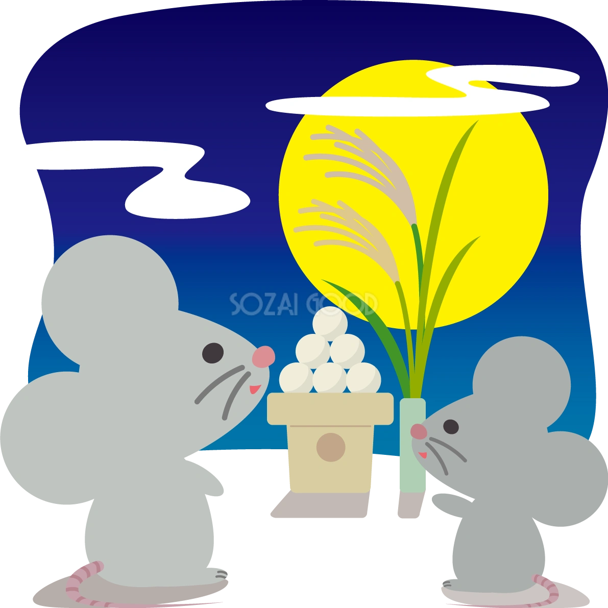 月見 ねずみのかわいい後ろ姿&団子の動物無料イラスト80128