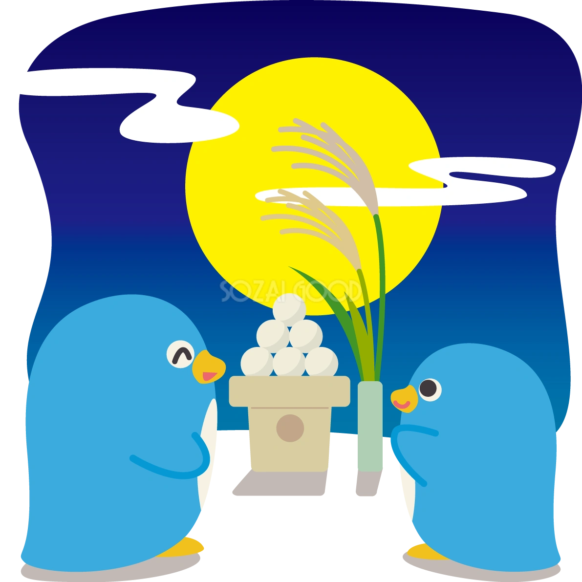 月見 ペンギンのかわいい後ろ姿&団子の動物無料イラスト80130