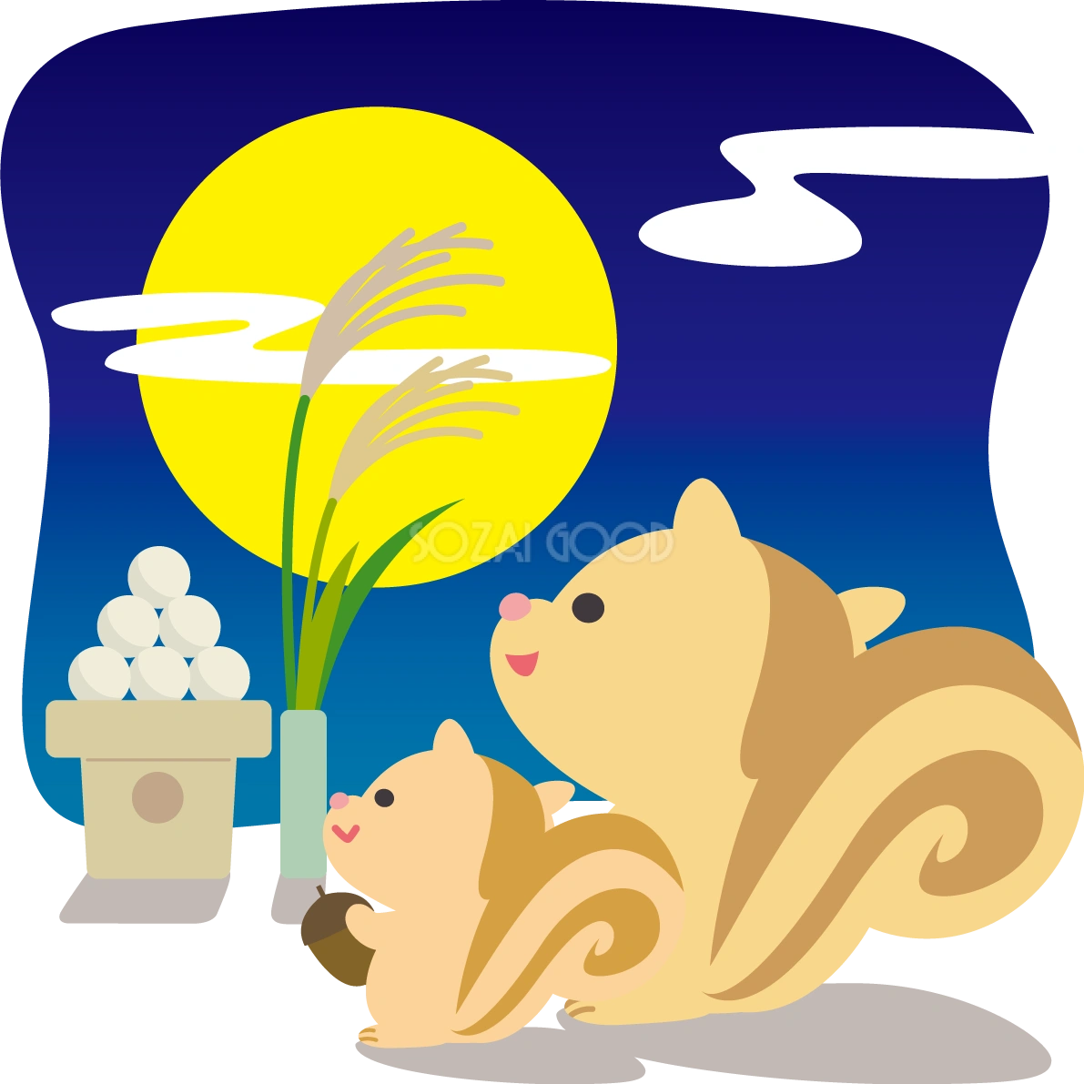月見 リスのかわいい後ろ姿&団子の動物無料イラスト80132