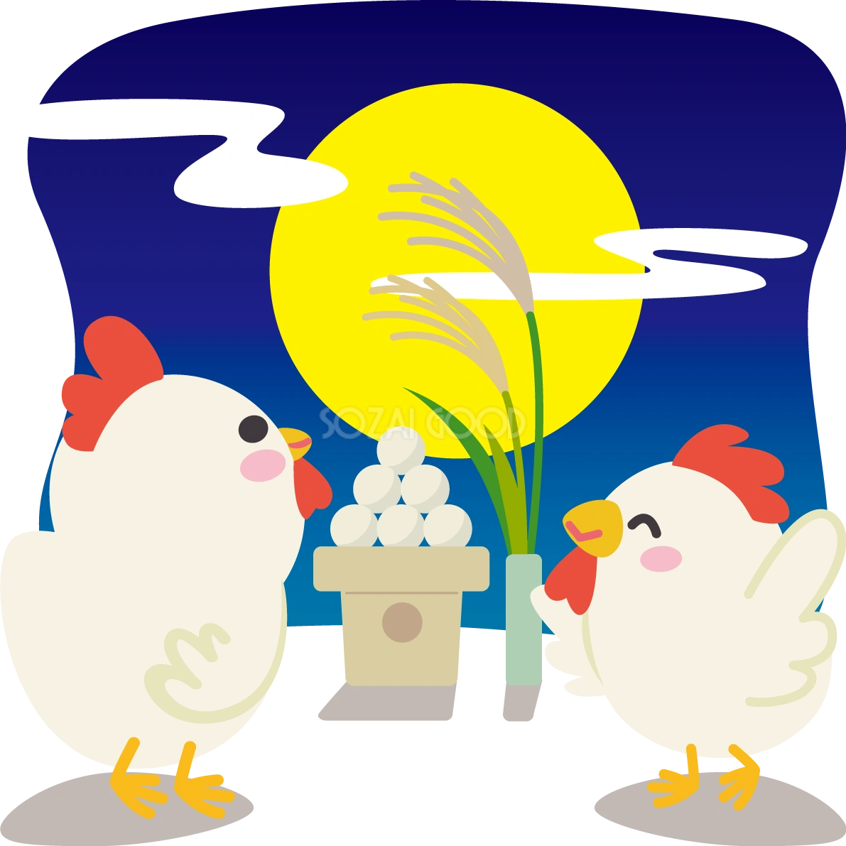 月見 鶏のかわいい後ろ姿&団子の動物無料イラスト80137