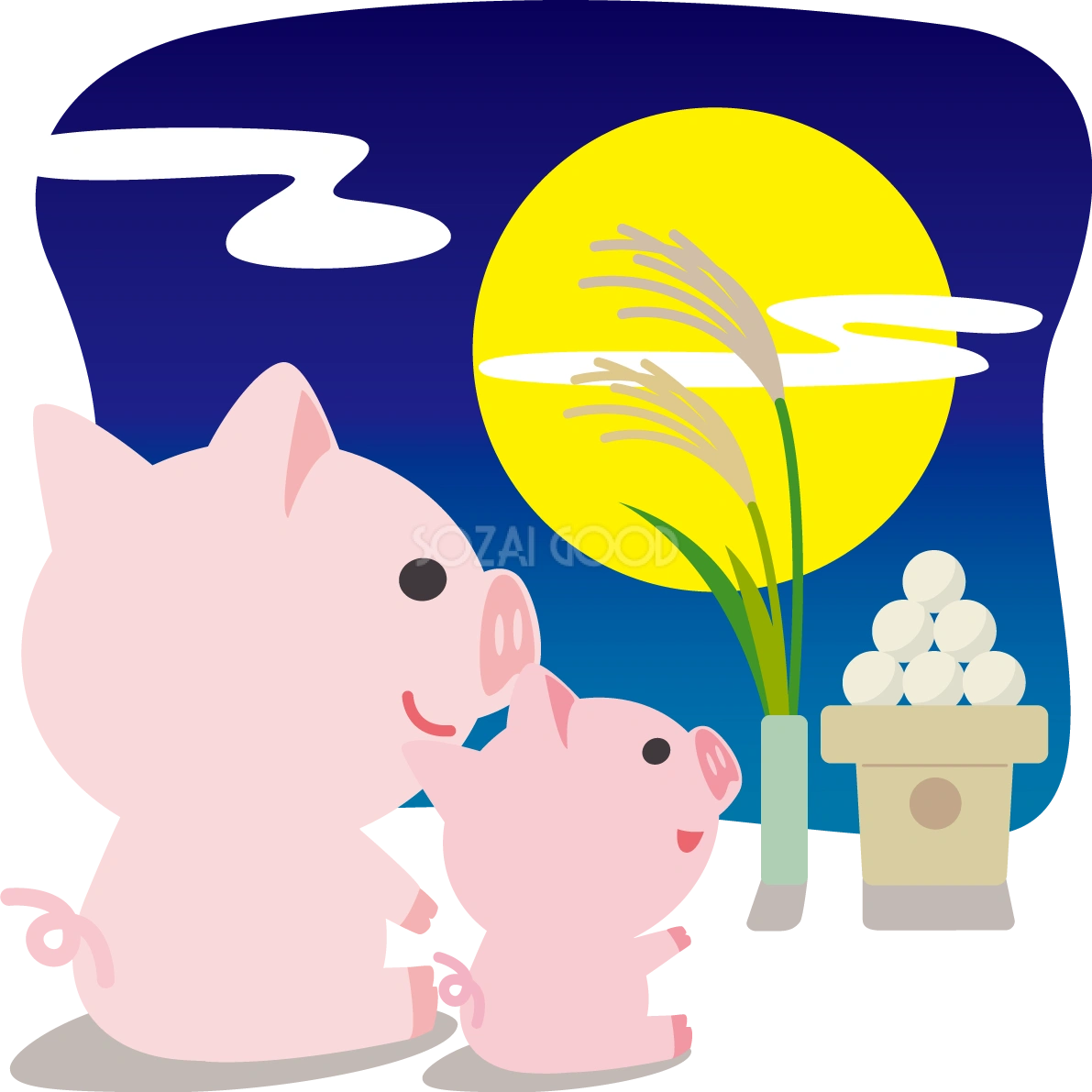 月見 豚のかわいい後ろ姿&団子の動物無料イラスト80142