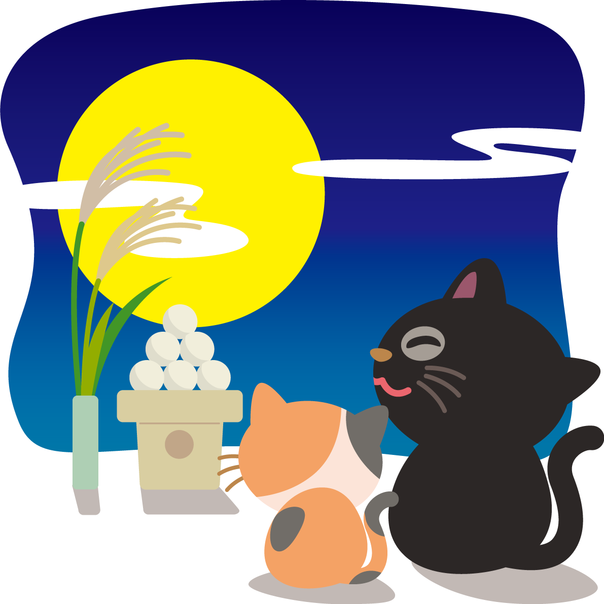 月見 猫のかわいい後ろ姿&団子の動物無料イラスト80144に写真・文字を入れる