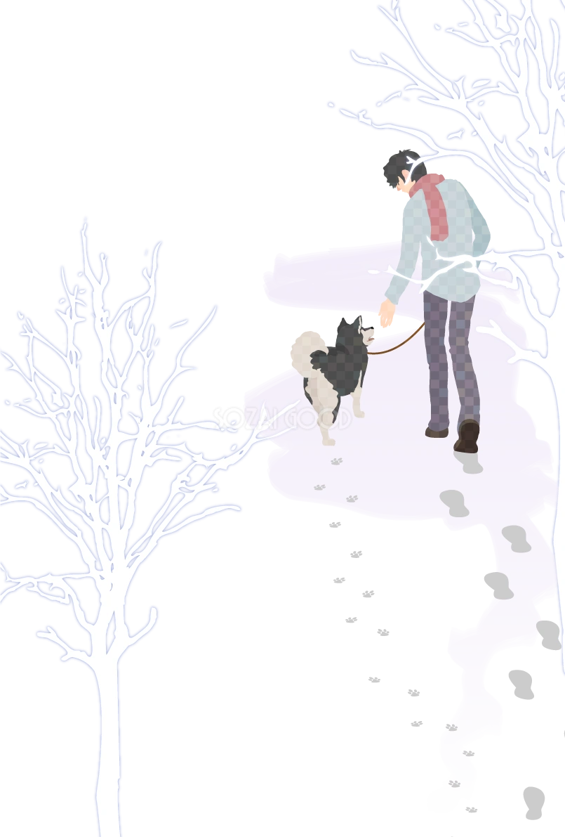 犬と散歩する冬の散歩道 和風背景無料イラスト80337