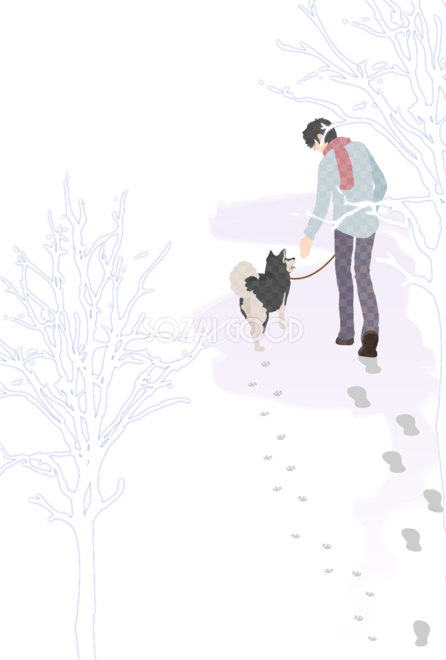 犬と散歩する冬の散歩道 和風背景無料イラスト 素材good