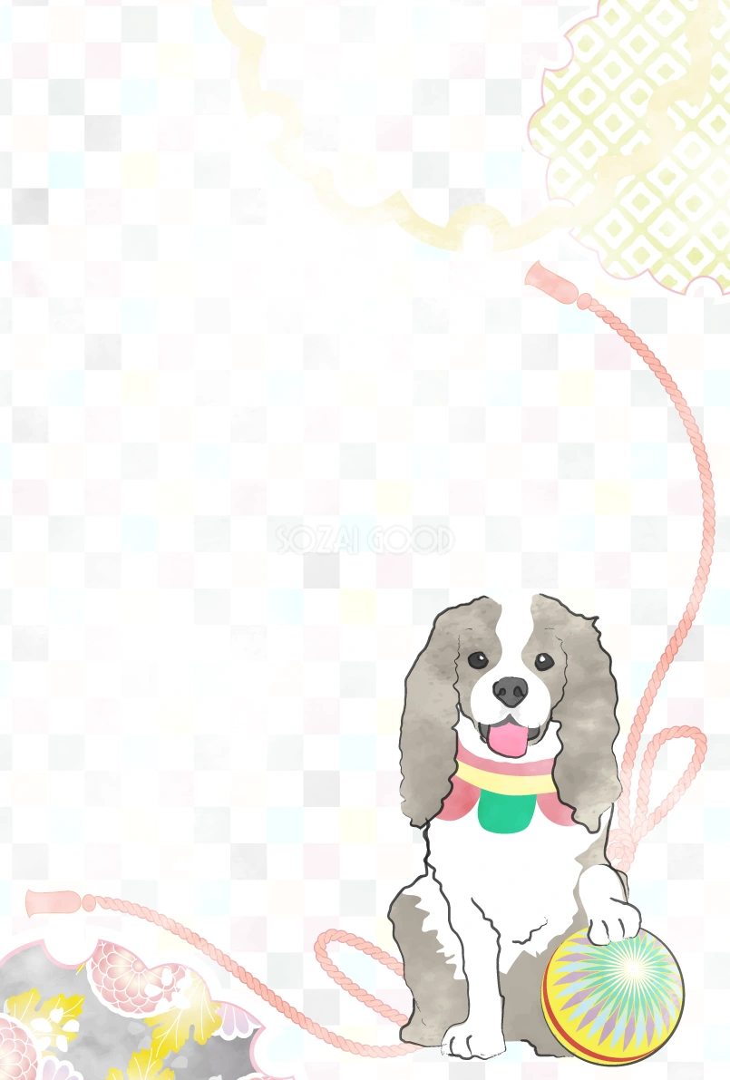 犬と鞠の和風背景無料イラスト80343