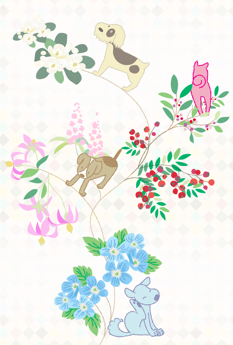 犬と花とつるのおしゃれ(縦)背景無料イラスト80361に写真・文字を入れる
