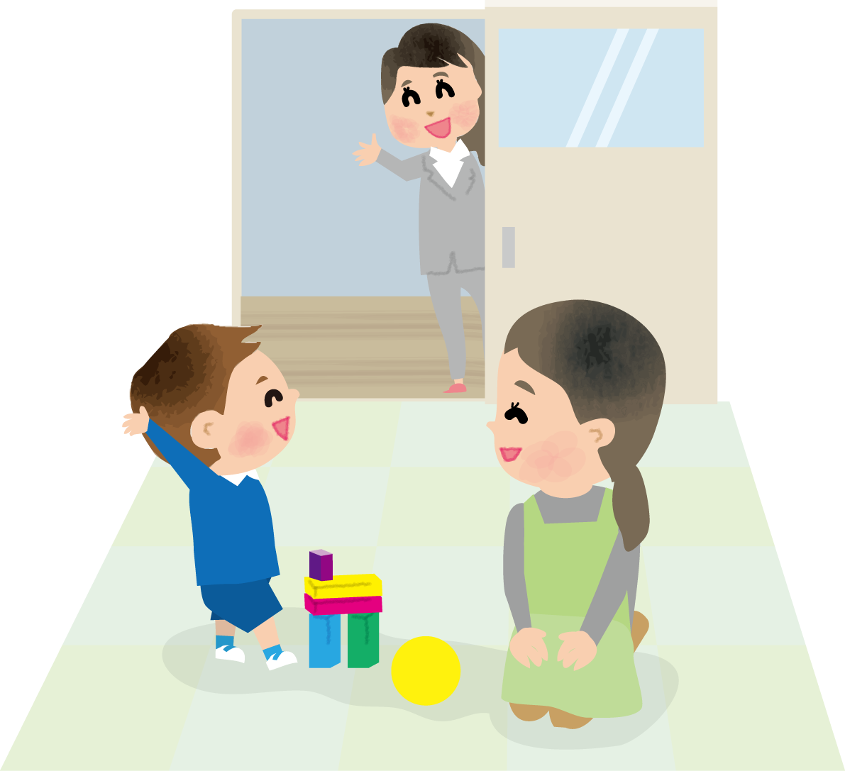 お母さんが迎えにきて遊び中に喜ぶ子供の保育園無料イラスト80464に写真・文字を入れる