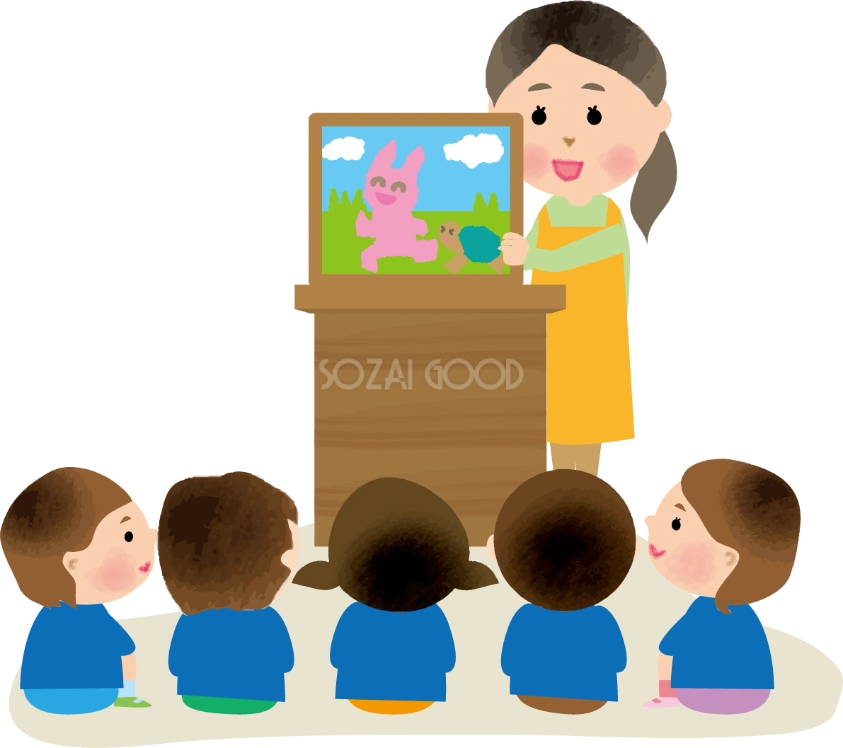 紙芝居の読み聞かせをする保育園無料イラスト80472