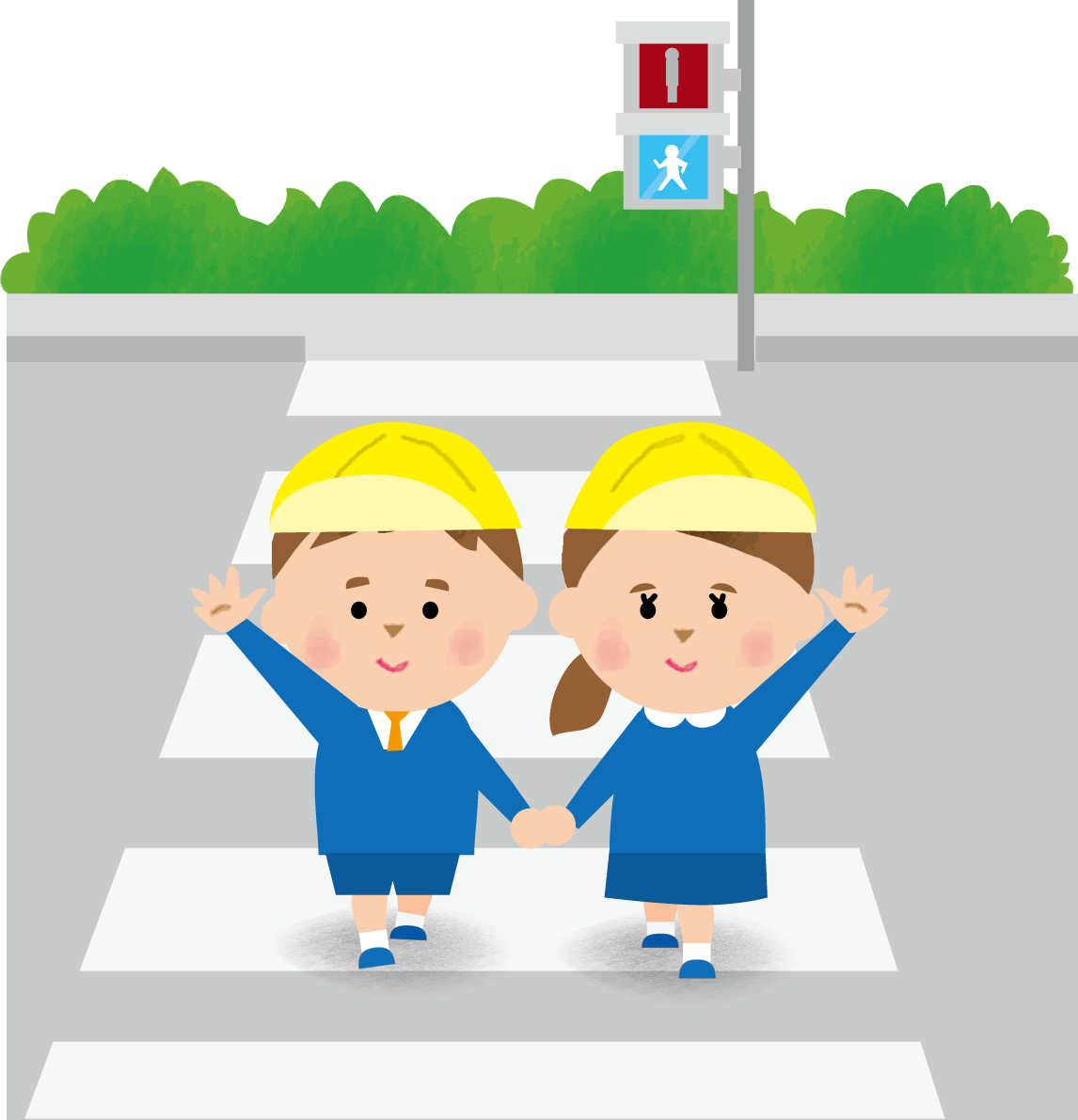 青信号の横断歩道を手を上げて渡る子供達の保育園無料イラスト80480に写真・文字を入れる