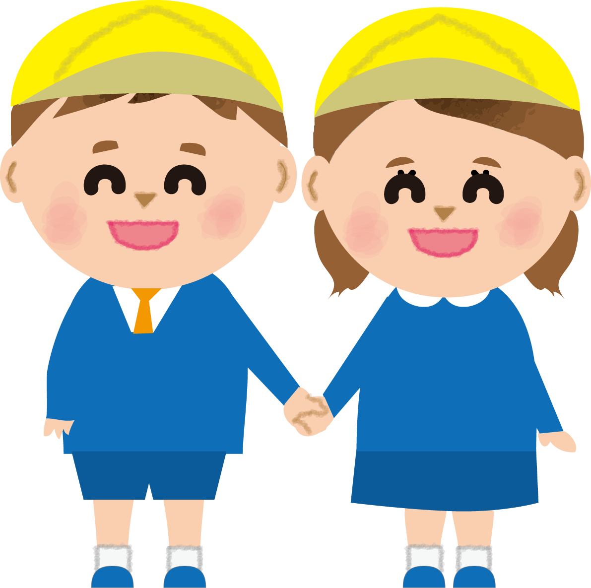 男の子と女の子が手をつなぎ正面を見て笑顔の保育園無料イラスト80483に写真・文字を入れる