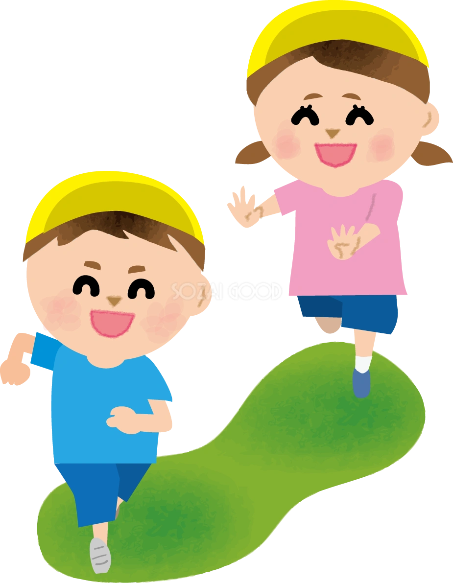 男の子と女の子が追いかけっこする保育園無料イラスト80484