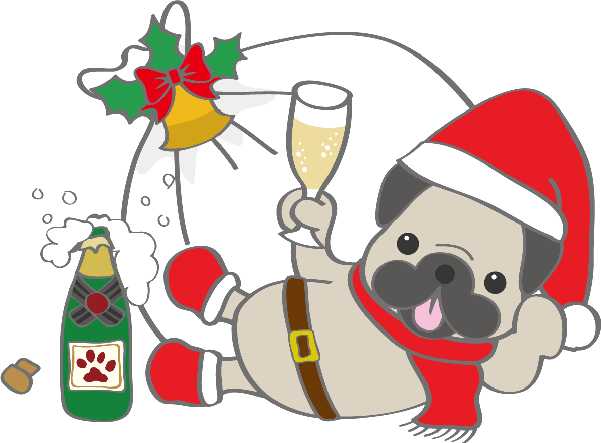 犬のかわいいクリスマス(シャンパンを飲むパグ)無料イラスト80504に写真・文字を入れる