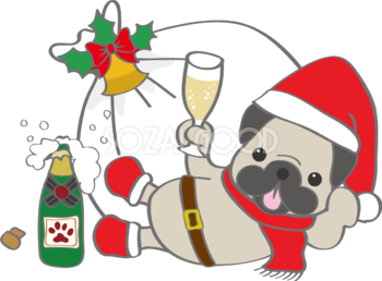 犬のかわいいクリスマス(シャンパンを飲むパグ)無料イラスト80504