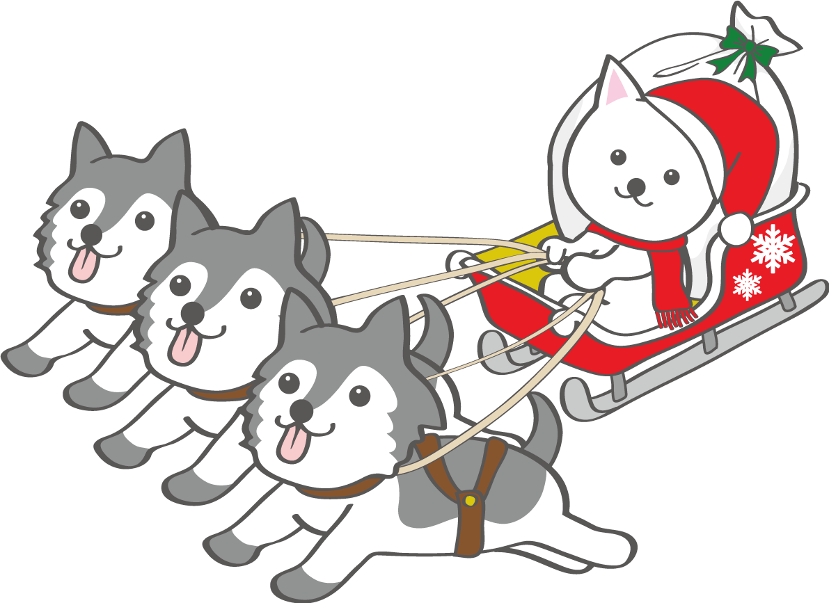 かわいいクリスマス(ソリに乗る白い犬サンタクロース)無料イラスト80506に写真・文字を入れる