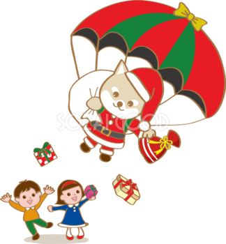 かわいいクリスマス(パラグライダーで柴犬サンタクロース)無料イラスト80511