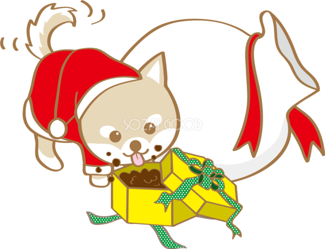 かわいいクリスマス プレゼントを食べる芝犬サンタクロース 無料イラスト 素材good