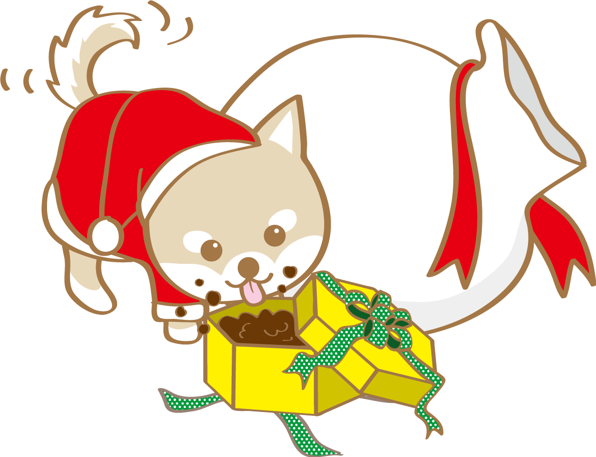かわいいクリスマス(プレゼントを食べる芝犬サンタクロース)無料イラスト80521に写真・文字を入れる