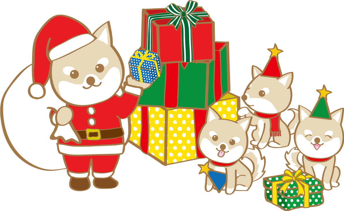 かわいいクリスマス(子供にプレゼントを渡す犬サンタクロース)無料イラスト80529に写真・文字を入れる