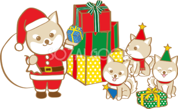 かわいいクリスマス(子供にプレゼントを渡す犬サンタクロース)無料イラスト80529