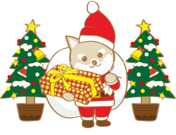 かわいいクリスマス(プレゼントを渡す柴犬サンタクロース)無料イラスト80547