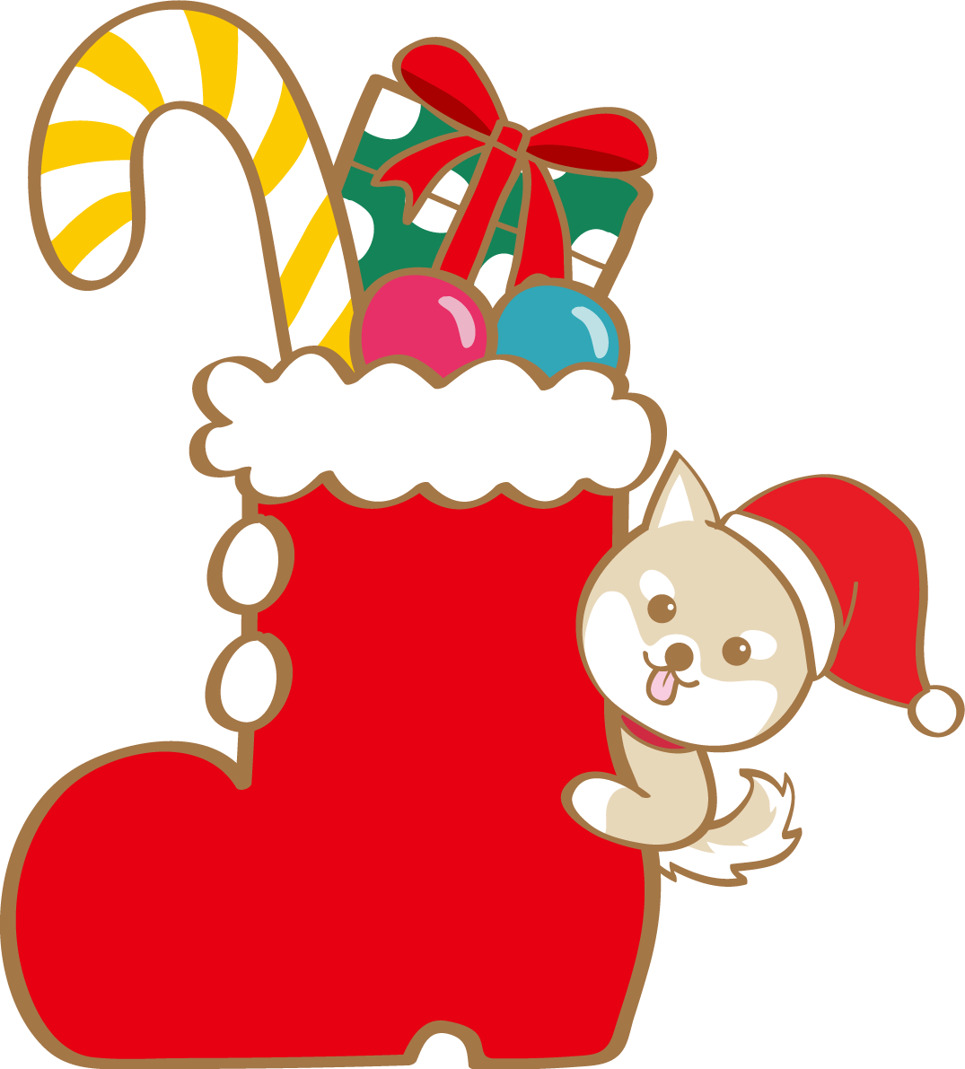 かわいいクリスマス(長靴から覗く犬サンタクロース)無料イラスト80557に写真・文字を入れる