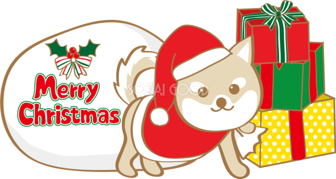 かわいいクリスマス プレゼントを引きずる犬サンタクロース 無料イラスト 素材good