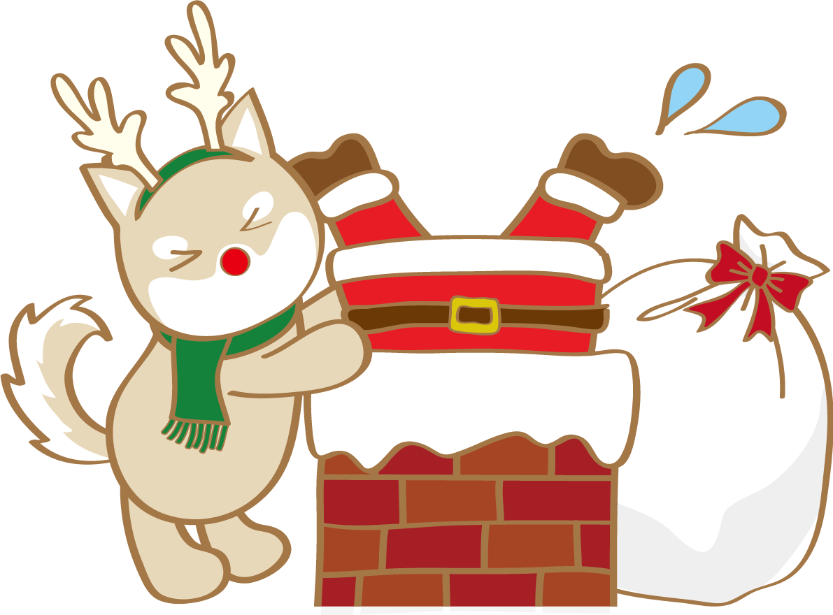 犬のかわいいクリスマス(煙突に落ちるサンタクロース)無料イラスト80568に写真・文字を入れる