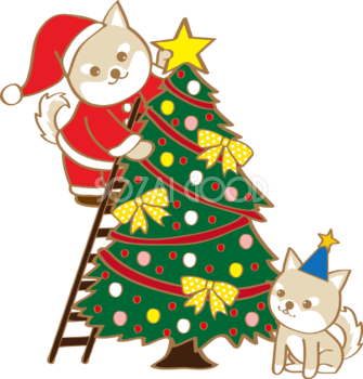 かわいいクリスマス(ツリーを飾る柴犬サンタクロース)無料イラスト80579