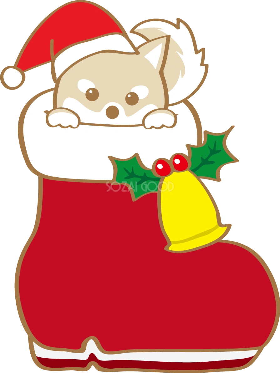 かわいいクリスマス(長靴から覗く柴犬サンタクロース)無料イラスト80585