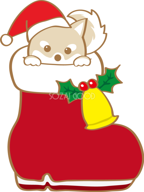 かわいいクリスマス 長靴から覗く柴犬サンタクロース 無料イラスト 素材good