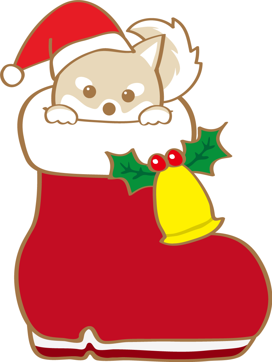 かわいいクリスマス(長靴から覗く柴犬サンタクロース)無料イラスト80585に写真・文字を入れる