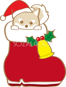 かわいいクリスマス(長靴から覗く柴犬サンタクロース)無料イラスト80585