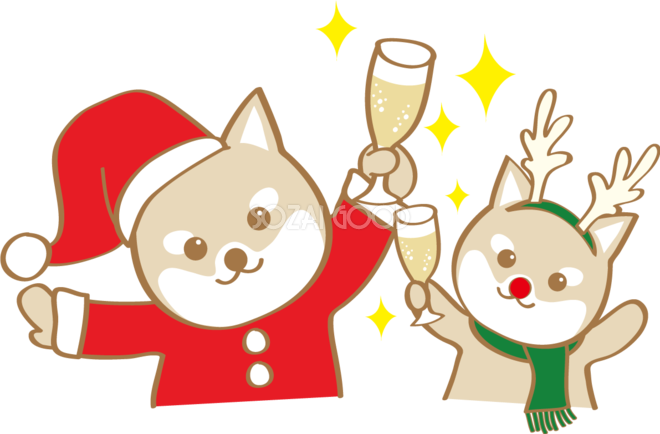 かわいいクリスマス 柴犬サンタクロースとトナカイの乾杯 無料イラスト