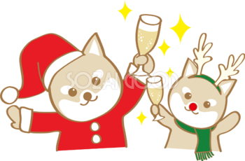 かわいいクリスマス(柴犬サンタクロースとトナカイの乾杯)無料イラスト80588