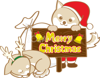 かわいい(クリスマス看板を持つ柴犬サンタクロース)無料イラスト80592