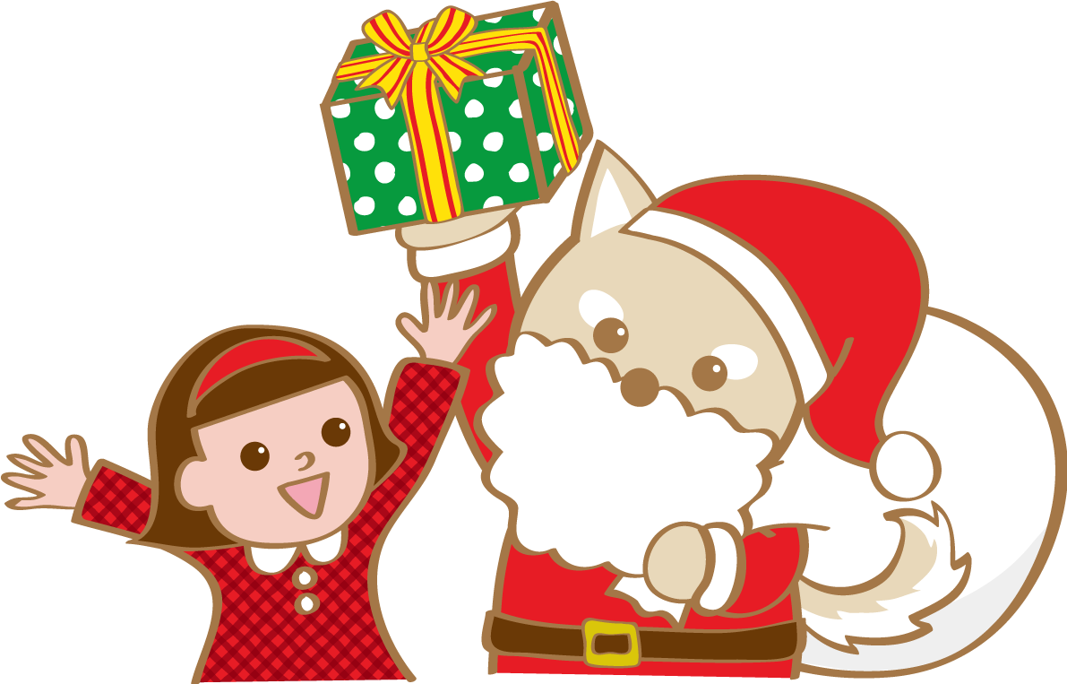かわいいクリスマス(子供にプレゼントを渡す犬サンタクロース)無料イラスト80594に写真・文字を入れる