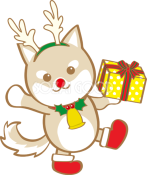 かわいいクリスマス(柴犬トナカイとプレゼント)無料イラスト80597