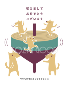 大きなコマの上で遊ぶ子犬と親犬(戌年)かわいい無料年賀状イラスト80694