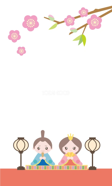 ひなまつりメッセージカードデザイン_雛飾りと桃イラスト無料テンプレート80877