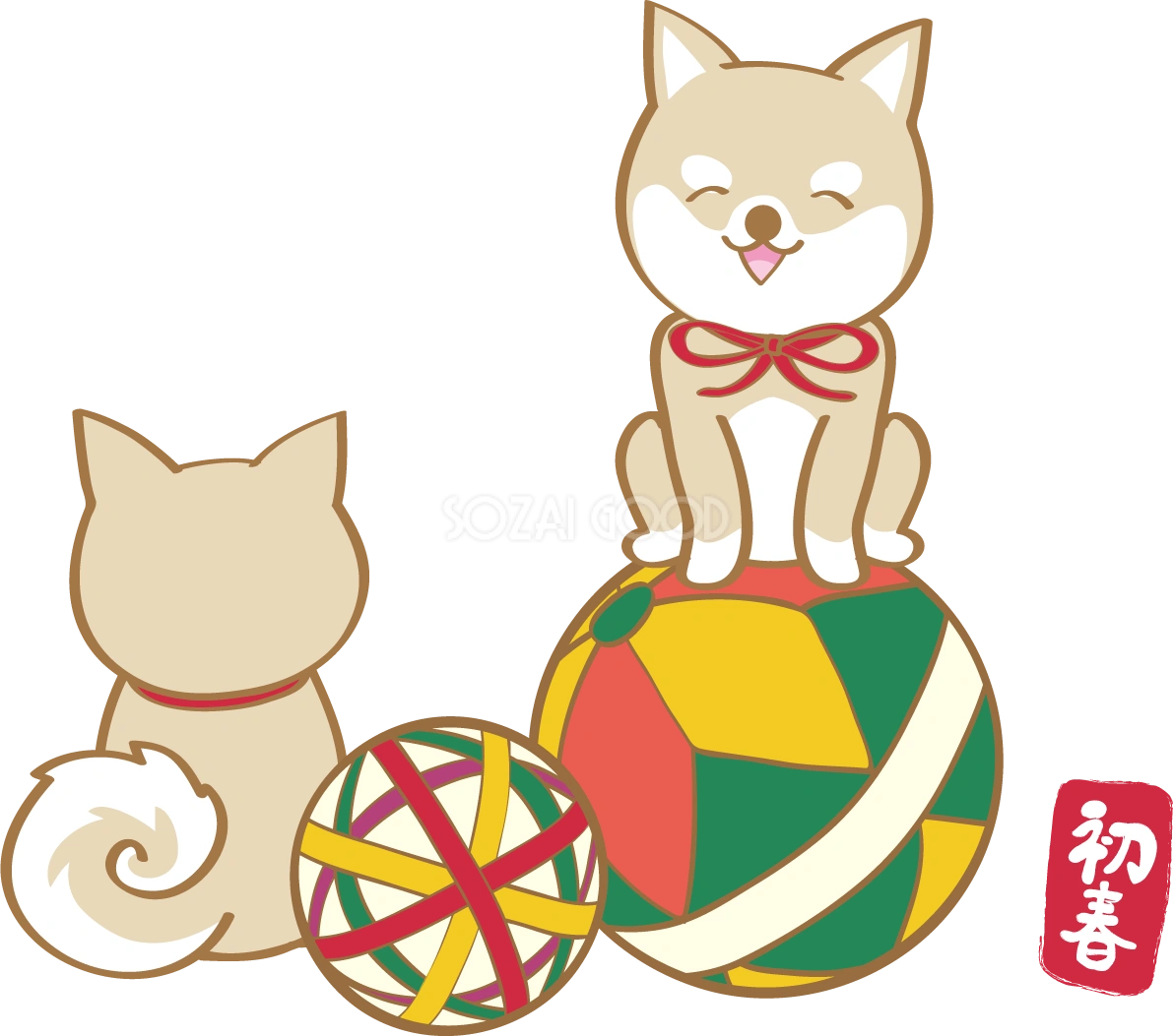 戌年(手まりの上でご挨拶)無料イラスト2018かわいい犬80920